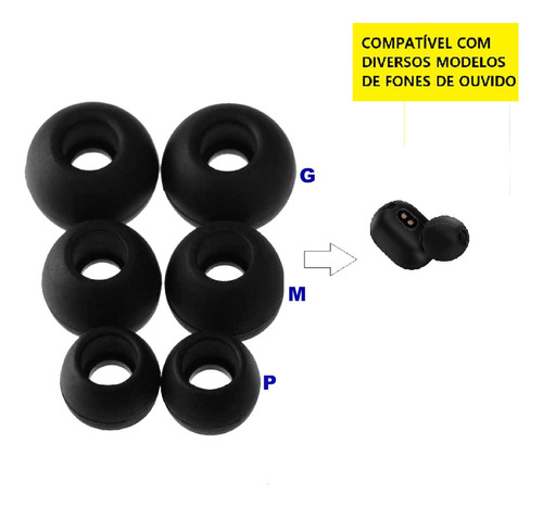 3 Pares Proteçao Fone De Ouvido Silicone Em 3 Formatos Cor pretoPMG