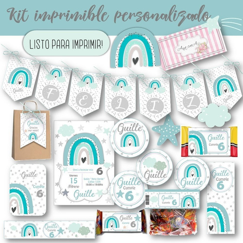 Kit Imprimible Arcoiris Nórdico Personalizado Mod.4 Grises