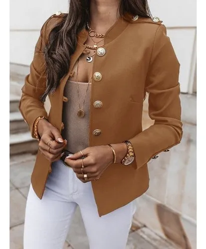 Blazer Manga Larga De Color Entero Con Botón Para Mujer