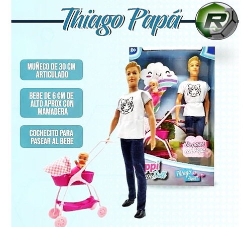 Imagen 3 de 4 de Muñeco Thiago Papa + Bebe Cochecito Paseo Poppi Men Doll