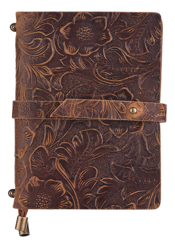 Cuaderno Viajero Vintage De Cuero Con Patrón Grabado, Líneas