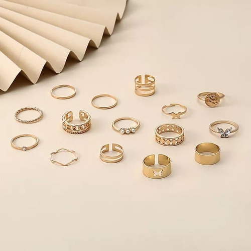 Set Conjunto Anillos Gold Geometrico