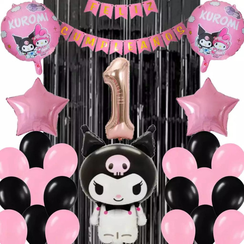 Kit Globos Decoración Melody Kawaii Kuromi Rosado Negro