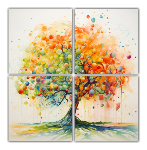 40x40cm Cuadro Telar Intenso Árbol Naranja Arcoíris Flores