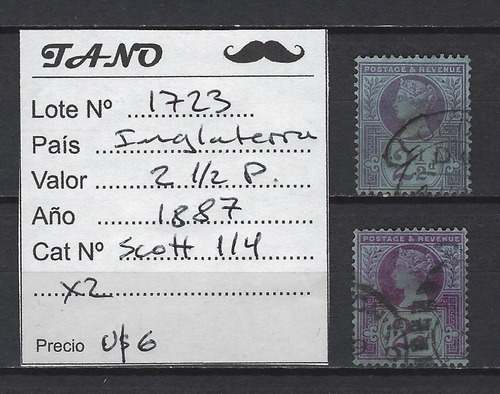 Lote1723 Inglaterra 2, 1/2 Pence Año 1887 Scott# 114 2 Tonos