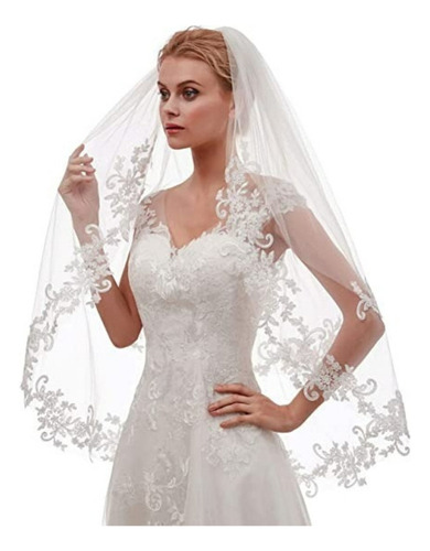 . Velo De Novia Corto De Encaje De 2 Niveles For Mujer Con