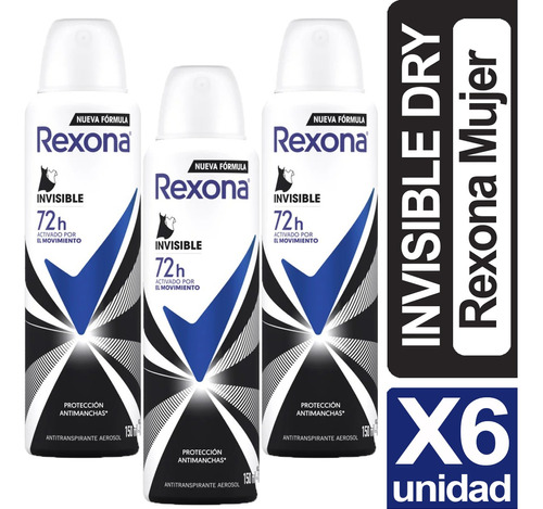 Desodorante Rexona Mujer Invisible Pack 6 Unidad 150ml