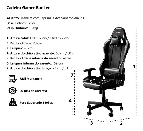 Imagem 5 de 5 de Cadeira Gamer Bunker Pro E-sports Ergonômica Reclinável