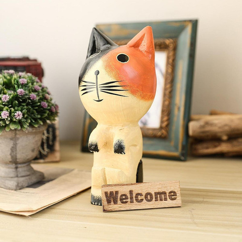 Cat Welcome Statue Figurina De Madera En Miniatura En