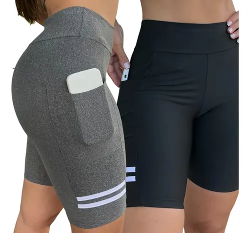 Kit 2 Bermuda Fitness Feminina C Bolso Para Celular Academia