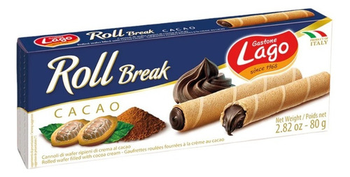 Biscoito Italiano Wafer Roll Break Cacau Lago 80g