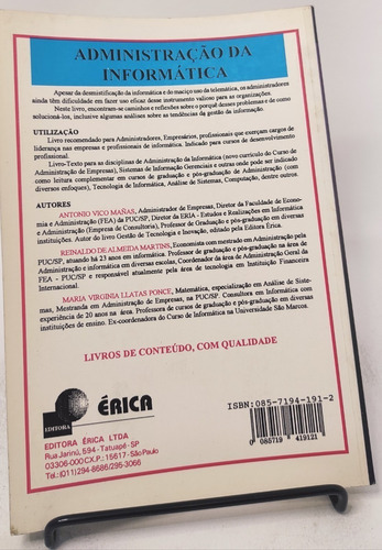 Livro Administração Da Informática Antonio Vico Mañas