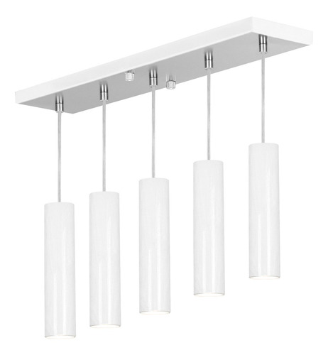 Pendente Quintuplo Tubo Cilindro Branco 30cm + Led 6k