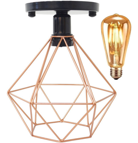 Lustre Plafon Diamante Lâmpada Led Industrial Aramado Retrô Cor Preto/Cobre Rose Gold