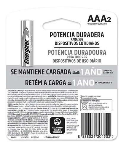 Pila AAA Energizer Recargable NH12-700 Cilíndrica - pack de 2 unidades