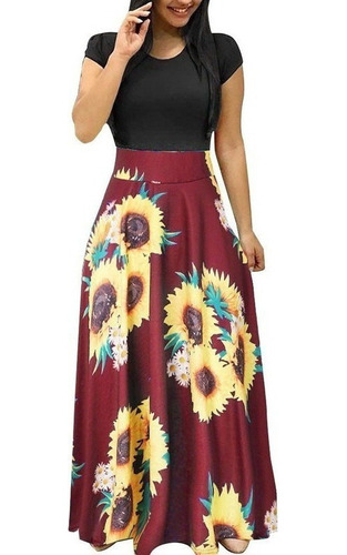 Vestido Mujer Verano Manga Corta Estampado Girasol Sundress