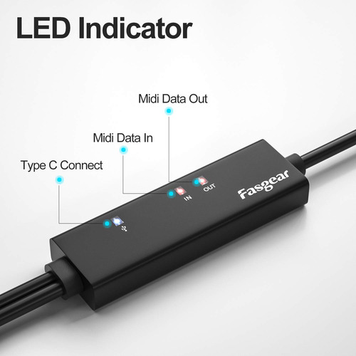 Cable Midi Usb C Fasgear Con Adaptador Tipo C A Usb, 6 Pies.