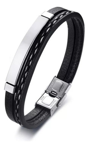 Pulseira Masculina Aço 316l Titânio Couro Legitimo Prateada Comprimento 21 Cm Diâmetro 0 Cm