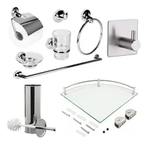 Comprar Set Accesorios Baño Completo Ducha Acero Inox Vidrio Toalla Toallero Esquinero Vidrio Cepillo Inodoro jabonera porta rollo Color plateado