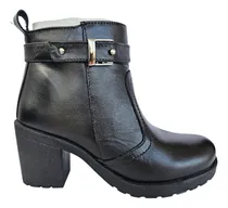 Comprar Botin De Piel Negro Dama Tacón Cuadrado Cómodo Vestir Moda