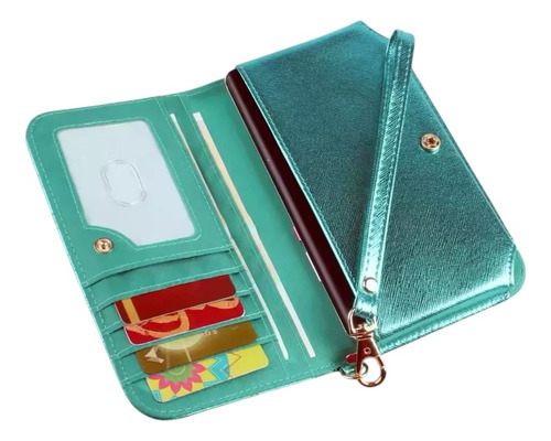 Billetera Cartera Sirenita Porta Celular Con Monedero Azul Petróleo Sintético