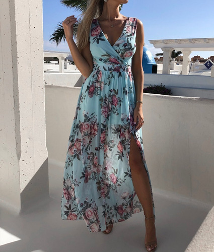 Vestido Largo Playa Sexy Floreado A-line Escote Chiffon | Meses sin  intereses