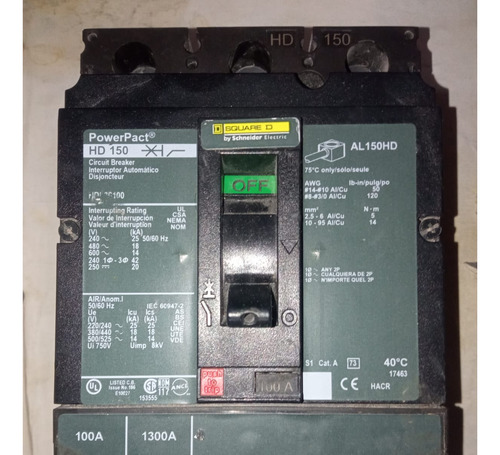 Interruptor Termomagnético Hdl36150 3x100 Amp. Marca Squared (Usado)
