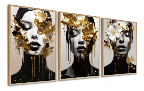 Quadros Decorativos Mulher Flores Douradas Gold Sala Moldura