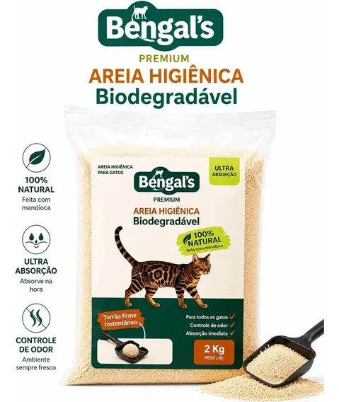 Areia Higiênica Biodegradável Gato Mandioca Fina Bengals 2kg Sem Odor Torrões Firme