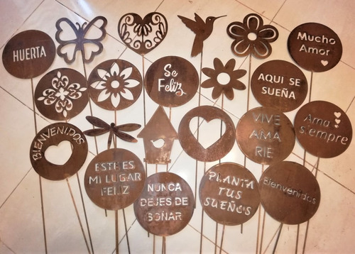 Imagen 2 de 10 de Set X6 Pincho Decorativo Y Tutor De Plantas En Chapa Oxidoo
