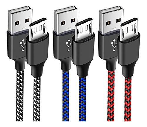 Paquete De 3 Cables Micro Usb De 6 Pies Para Android, Trenza