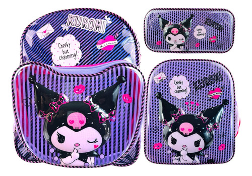 Mochila Lonchera Lapicera Hello Kitty Kuromi Preescolar Morado Kuromi
