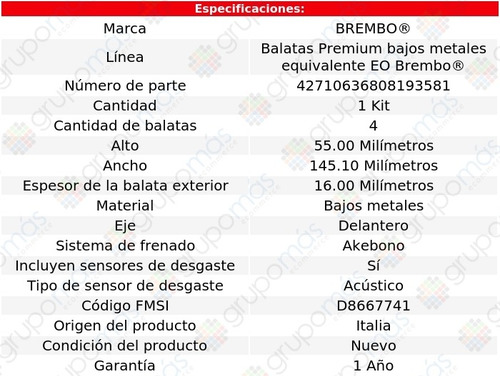Balatas Bajos Metales Del Mitsubishi Galant 02 Al 07 Brembo