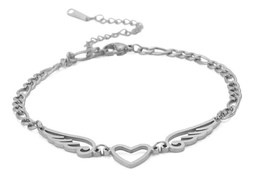 Imagen 7 de 7 de Tobillera Pulsera Mujer Corazón Alas Acero Plata Amor Trendy