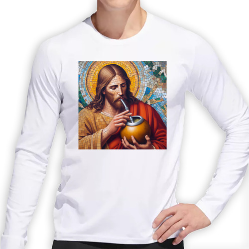 Remera Hombre Ml Jesus Tomando Mate Venecitas Arte Yerba