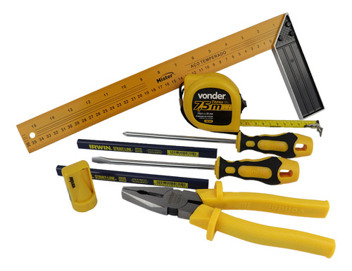 Kit Ferramentas 8 Peças Carpinteiro C/ Lápis Esquadro Trena