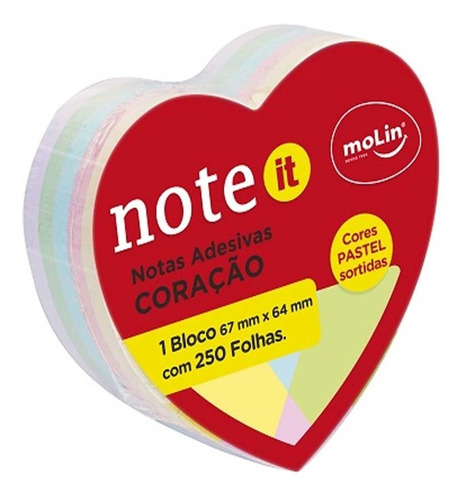 Bloco De Notas Adesivas Coração 67mmx 64mm C/ 250 Fls Molin