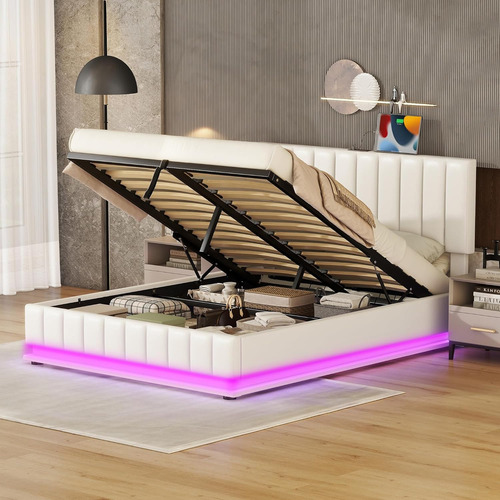 Goohome Cama De Almacenamiento Elevable Tamaño Queen Con Luz