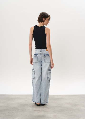 Pantalón Wide Leg Cargo De Jean Rígido Tiro Medio- Scott