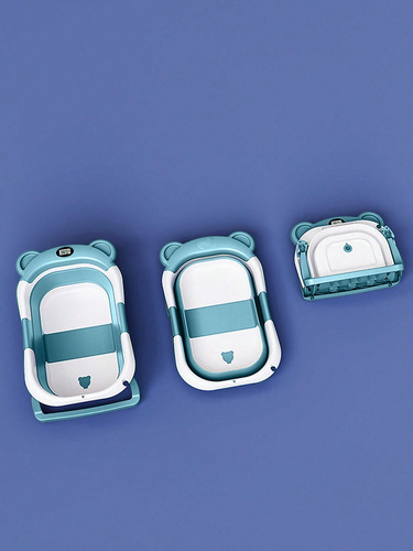 Bañera Tina Baño Bebe Plegable Portátil Con Cojín Termometro Celeste Lisa