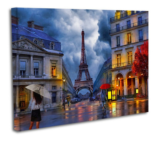 Cuadro Lienzo Canvas 70x140cm Oleo Ciudad Noche Paris Torre