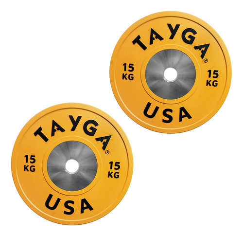 Par Disco Olímpico Heterofilia Competencia 15kg Tayga (2 Pz) Color Amarillo