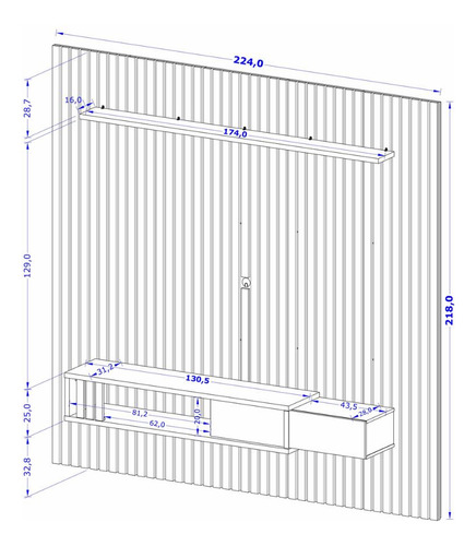 Painel para TV até 85 Polegadas Ripado com 1 Gaveta e Nicho Multimóveis CR45283 Naturalle/Off White