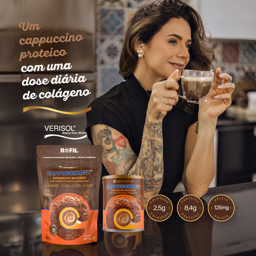Refil Cappuccino Fit Com Whey Protein E Colágeno Verisol Proteína Concentrada Não Desnaturada 600g Sabor Chocolate Maltado