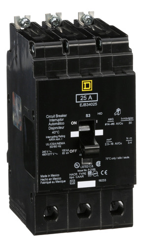 Ejb34025 Mini Circuit Breaker, E-frame, 25a, 3 Pole, 480y/2