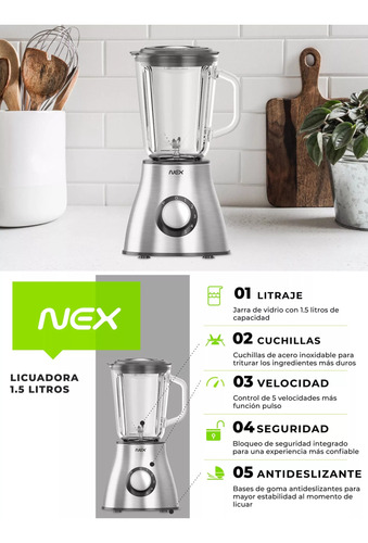 Licuadora Nex 1.5 Litros Acero Inoxidable 5 Velocidades