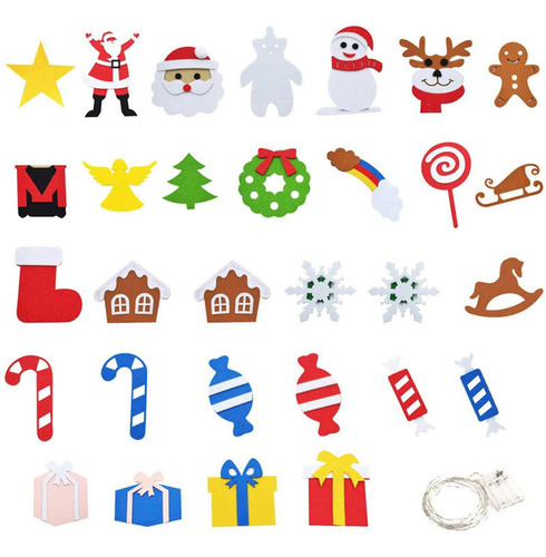 Felt Christmas .2 Ft Diy 30 Piezas + 2 M De Luces 70x98cm