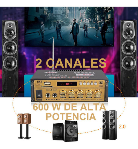 Amplificador De Audio Hifi Bluetooth Para Casa/auto Alta Fidelidad Aux/fm/tf/usb 2 Canales Con 2 Tomas De Micrófono Con Función De Echo Lujo Dorado