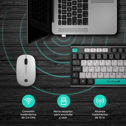 Combo Teclado Y Mouse Techzone Inalámbrico 1000dpi Blco/ment Mouse Blanco Teclado Menta / Negro