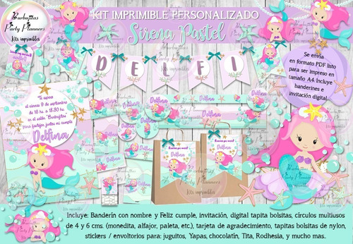 Kit Imprimible Candy Bar Sirena Pastel Personalizado